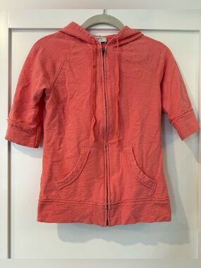 Ann Taylor LOFT Coral Zip Short-Sleeve Hoodie with Hood and Pockets (XS)